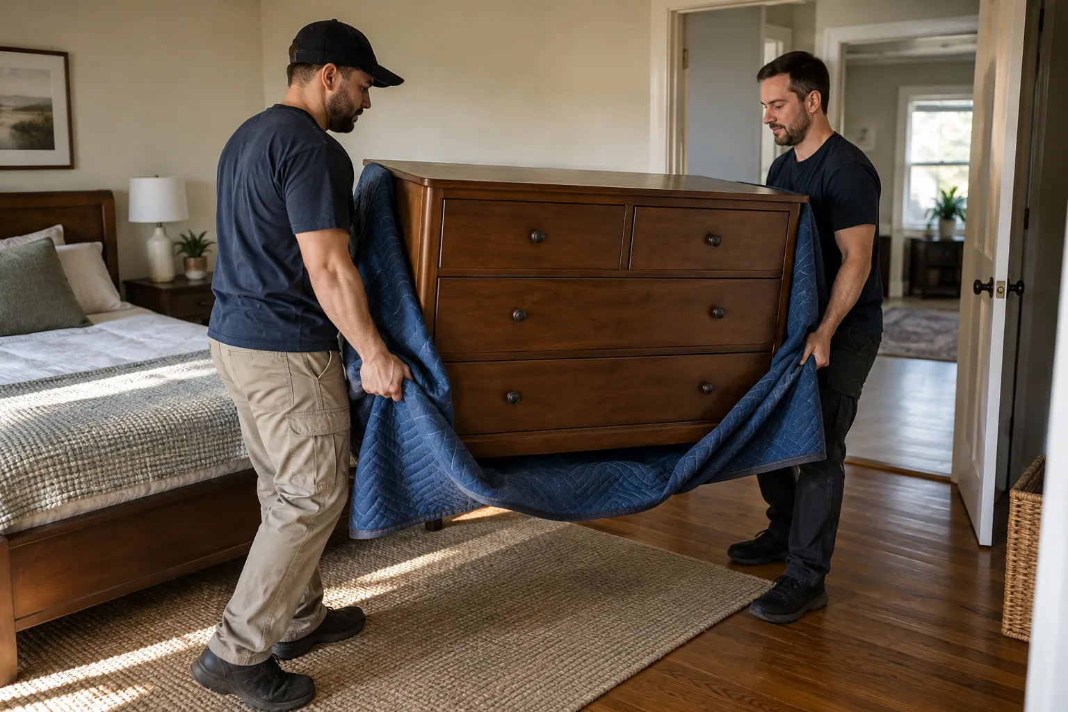 Furniture movers handling bedroom furniture removal in a prepared room