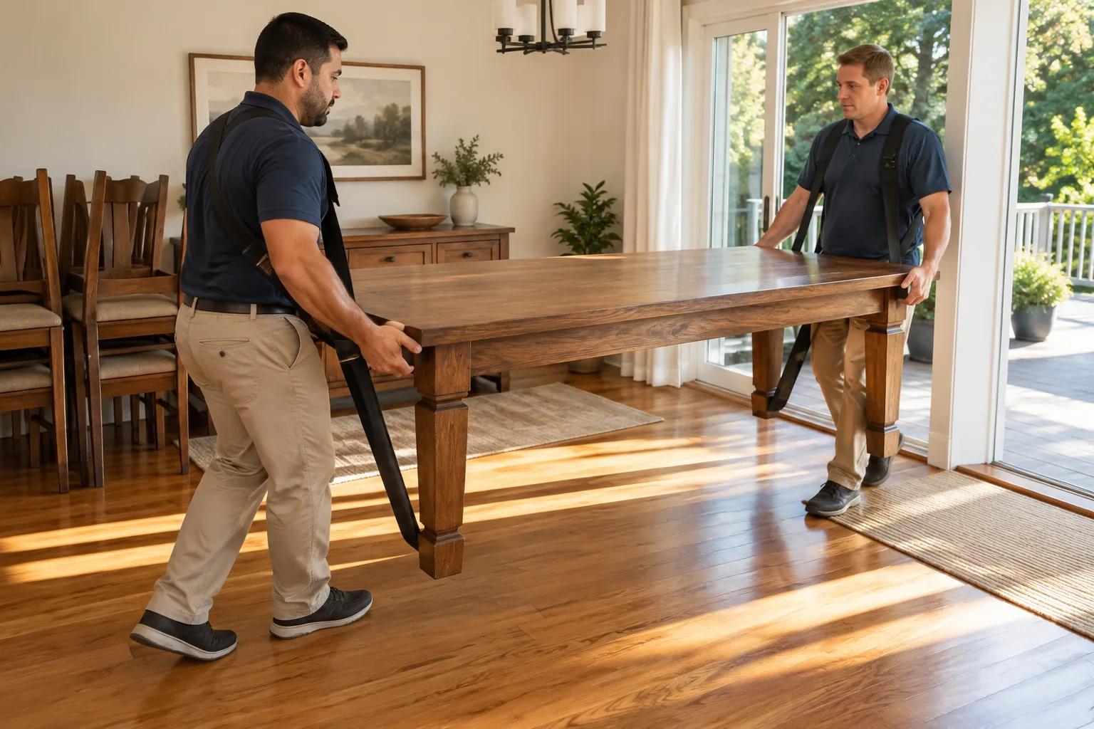 Furniture movers handling dining room furniture removal in a prepared room