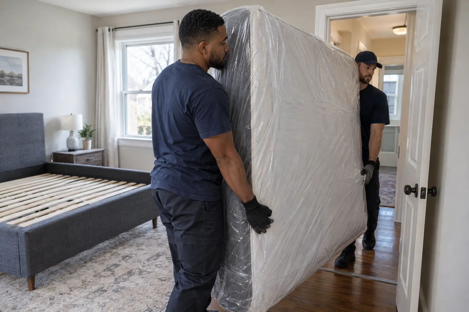 Furniture movers handling mattress removal in a prepared room